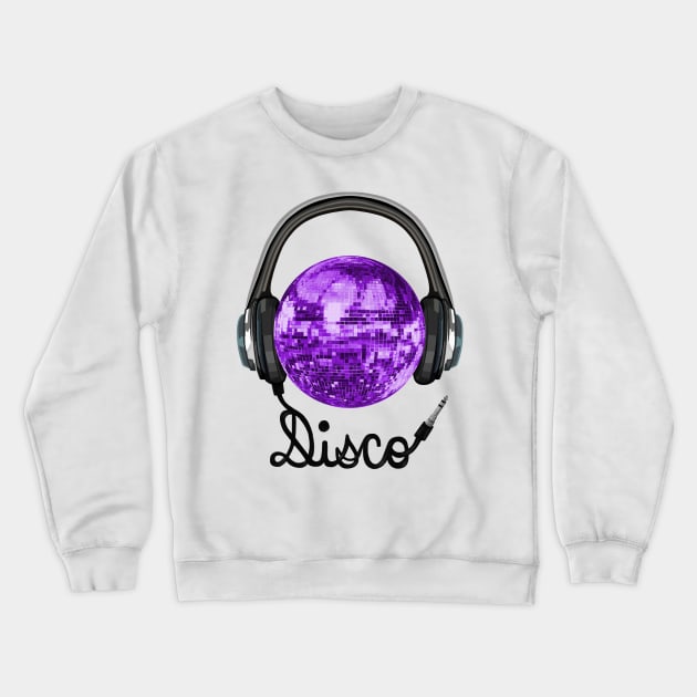 70s Music Purple Disco Ball Headphones Crewneck Sweatshirt by Art by Deborah Camp